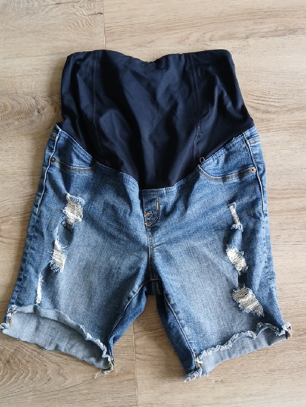 Isabel Bermuda Maternity Denim Shorts with Black Support Panel 6 Distressed Blue